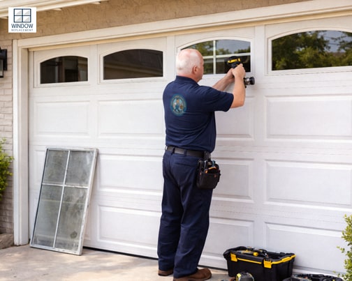 Larry from Same Day Garage Door Repair installing garage door windows at a Shell Ridge home